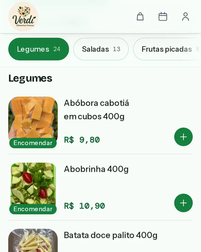 Cardápio da Verdí Alimentos Frescos: legumes com o selo Encomendar, preço e o botão de adicionar.
