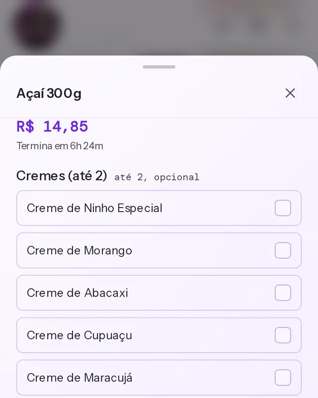 Cardápio da Quero Mais Açaí: o açaí de 300 g aberto, com os cremes para o cliente escolher até dois.