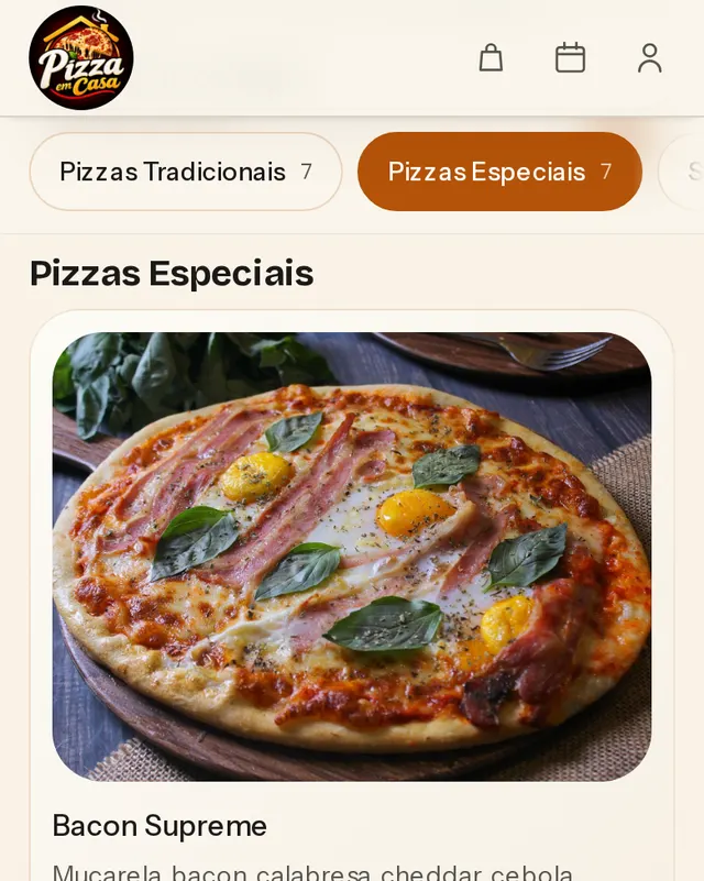 Cardápio da Pizza em Casa: a seção de pizzas especiais, com a foto da pizza e as abas das seções.